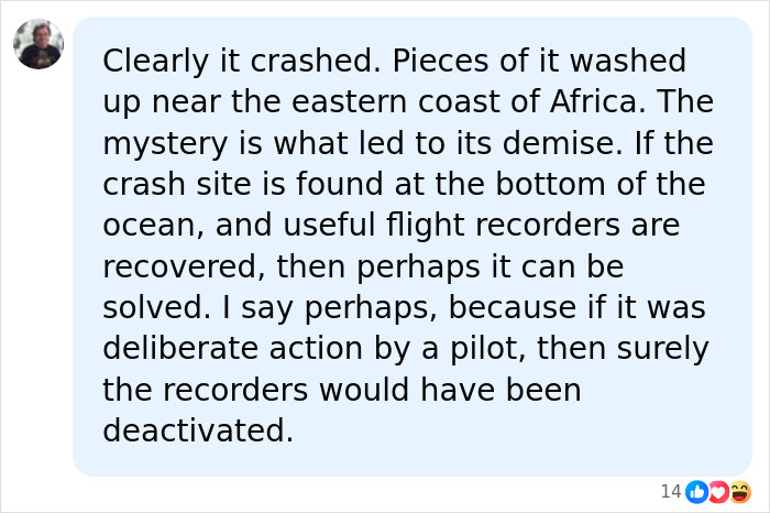 A social media comment discussing crash theories and flight recorders related to flight MH370’s last known message.