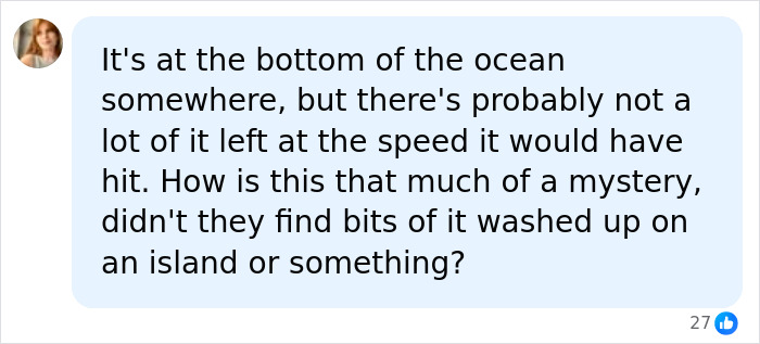 A user comment questioning how flight MH370 vanishes without a trace when debris was found on islands.