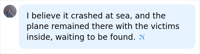 A social media comment speculating that flight MH370 crashed at sea with victims inside.
