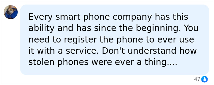 Social media comment discussing smartphone tracking technology related to looters in France.