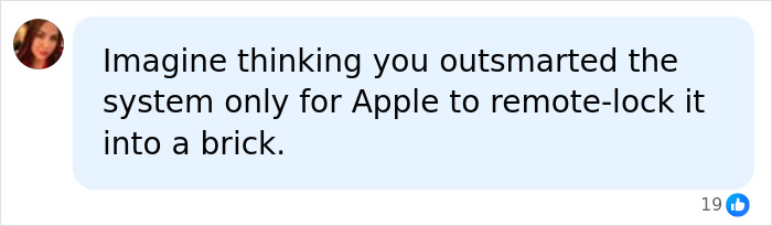 A user comment describing poetic justice as Apple remote-locks stolen phones taken by looters in France.