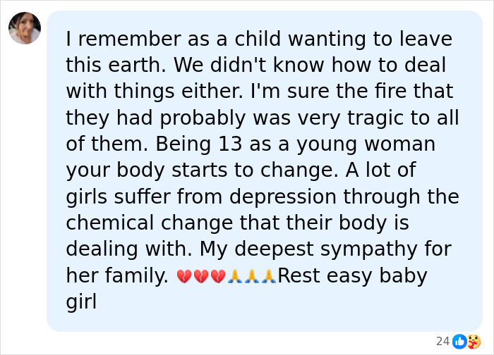 A Facebook comment offering sympathy following the tragic passing of Chad Lowe's daughter Fiona.