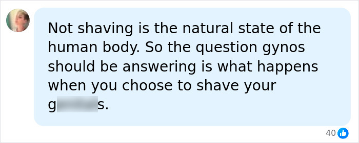 A social media comment discussing body hair and asking what a gynecologist says about choices not to shave. A social media comment discussing body hair and asking what a gynecologist says about choices not to shave.