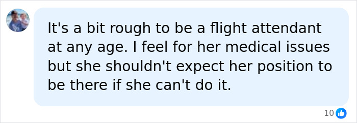 A comment discussing the challenges of being an air hostess and managing medical issues