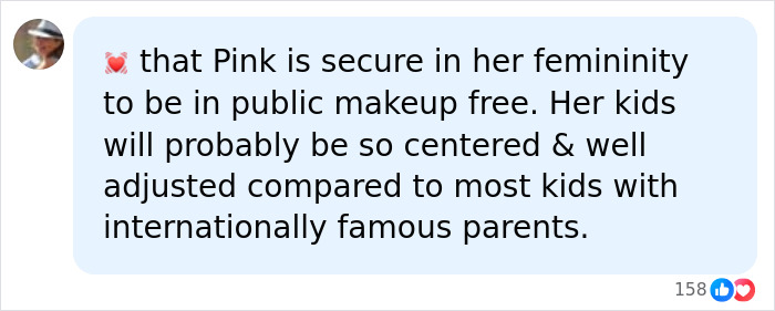 User comment complimenting singer Pink makeup-free photo, highlighting her confidence and grounded parenting.