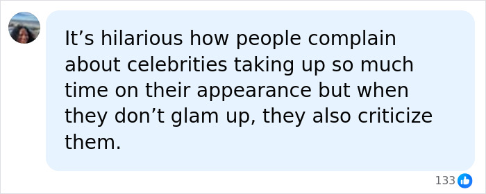 Social media post defending singer Pink makeup-free photo and discussing double standards for celebrity appearances.