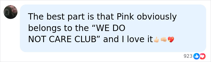 Social media comment supporting Pink and her relaxed attitude