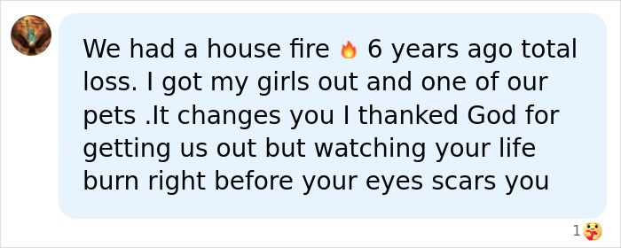 A comment sharing a personal experience of a house fire, relating to the trauma faced by Fiona.
