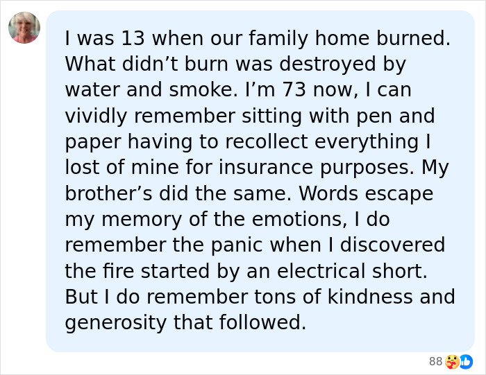 A social media comment about house fire trauma from Chad Lowe friend