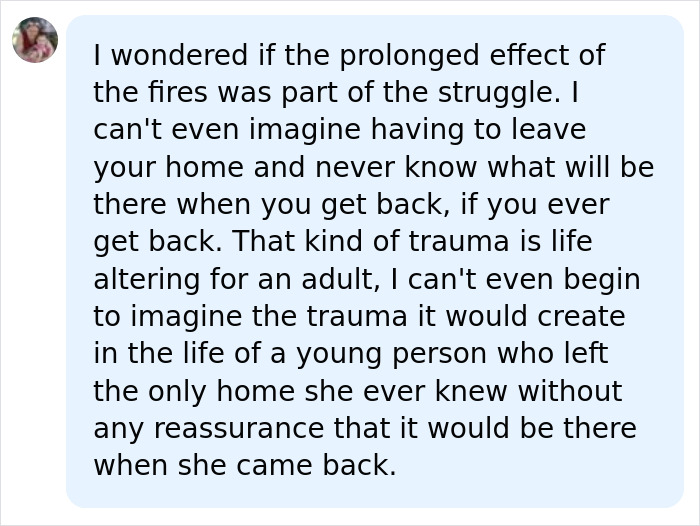 Comment about fires and trauma, relating to Chad Lowe's daughter Fiona.