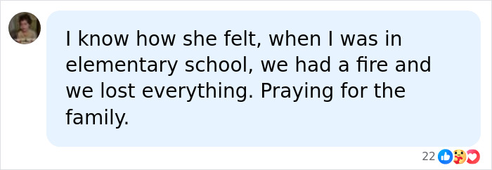 User comment offering prayers for the family of Chad Lowe friend after experiencing a fire