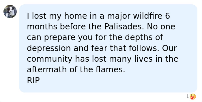 Social media comment about wildfire trauma, referencing the passing of Fiona, Chad Lowe's friend's daughter.
