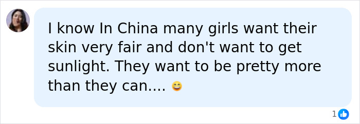 Social media comment about fair skin preference in China, on story of husband breaking wife's ribs during a hug.