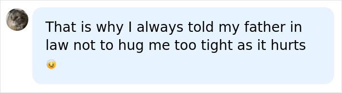 A comment about tight hugs causing pain related to a story where a husband breaks wife ribs during a hug.