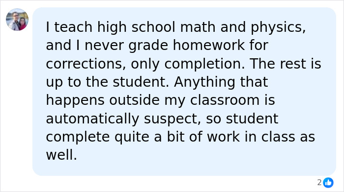 A social media comment from a teacher discussing how they handle grading students homework and classroom work.