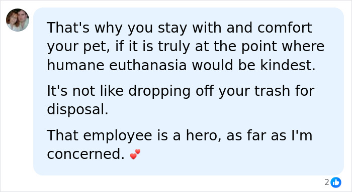 Online comment supporting the vet employee taking a dog home instead of humane euthanasia. Online comment supporting the vet employee taking a dog home instead of humane euthanasia.