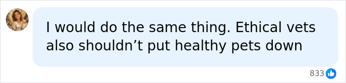 A comment stating ethical vets should not put healthy pets down, supporting a vet employee taking a dog home. A comment stating ethical vets should not put healthy pets down, supporting a vet employee taking a dog home.