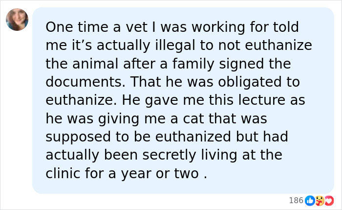 A online post sharing a story about a vet employee and a pet that was secretly kept alive at the clinic. A online post sharing a story about a vet employee and a pet that was secretly kept alive at the clinic.