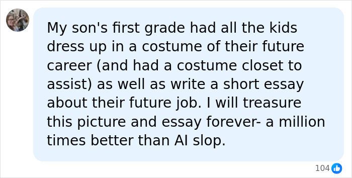 Social media comment discussing a school assignment and expressing preference for real kid art over AI slop.