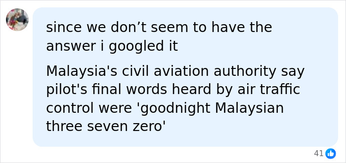 A social media comment discussing the final known message spoken by the MH370 pilot.