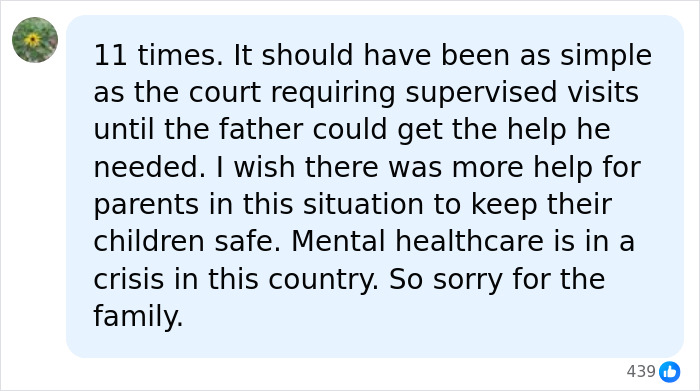 A social media post discussing child safety and mental health related to a mom picking up her 2 children