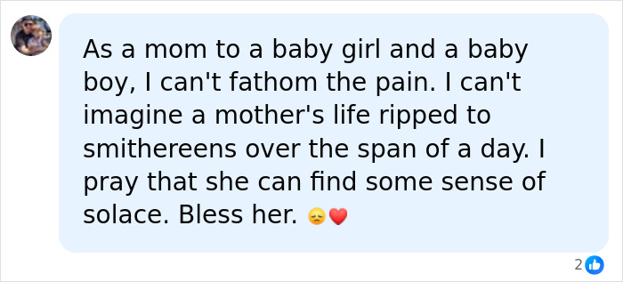 A social media comment expressing deep sympathy for a mom picking up her 2 children after a tragedy.