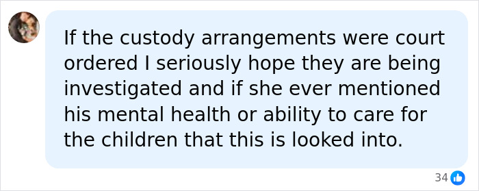 Facebook comment discussing custody arrangements and mental health when a mom is picking up 2 children from dad's home.