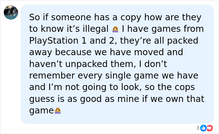 A social media comment discussing owning older PlayStation games and questioning legal issues around controversial PS2 game copies. A social media comment discussing owning older PlayStation games and questioning legal issues around controversial PS2 game copies.
