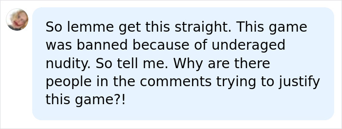 Social media comment questioning support for a controversial PS2 game after its ban. Social media comment questioning support for a controversial PS2 game after its ban.