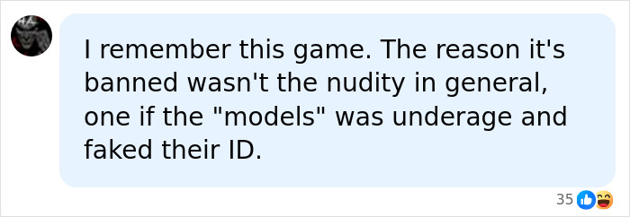 A comment about a controversial PS2 game being banned due to an underage model. A comment about a controversial PS2 game being banned due to an underage model.