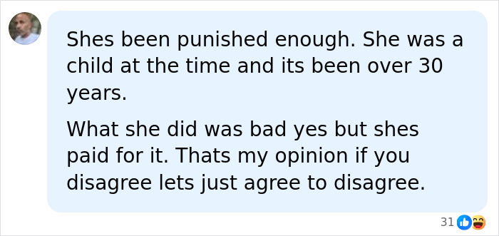Social media comment discussing Christa Pike punishment after over 30 years.