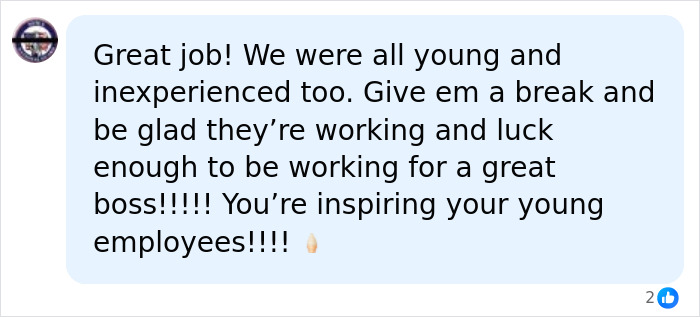 Social media comment praising the ice cream shop owner for supporting young employees. Social media comment praising the ice cream shop owner for supporting young employees.