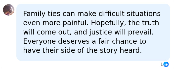 Facebook comment discussing family ties and justice for the teen girl Cookie case