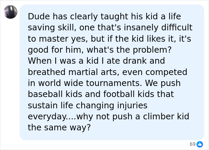Comment about Yosemite El Capitan climbing dad, suggesting climbing is a life-saving skill for kids to master.