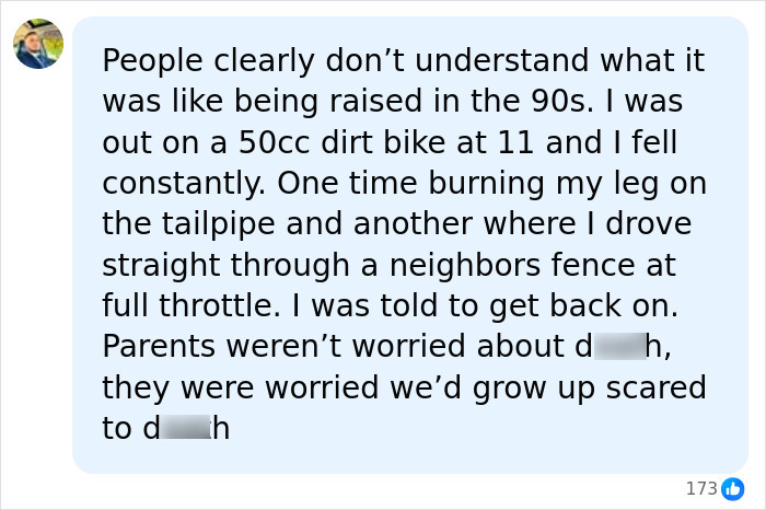 Facebook comment supporting Yosemite El Capitan dad, comparing outdoor risks to growing up in the 90s.
