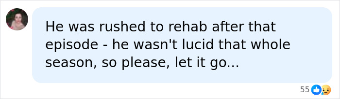 A user comment mentioning Matthew Perry going to rehab after a Friends episode and asking to let it go.