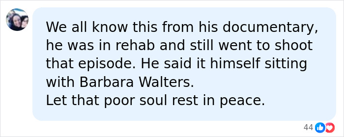 Social media comment regarding Matthew Perry and his interview about rehab during Friends