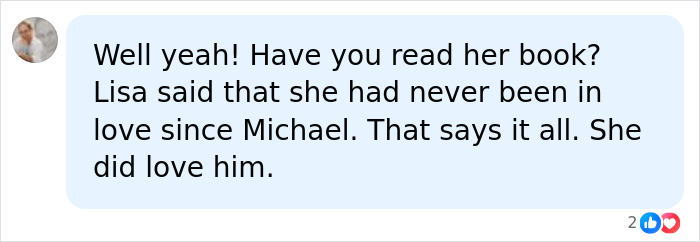 Comment discussing Lisa Marie Presley's love for Michael Jackson in book about their marriage