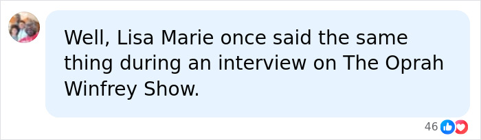 A social media comment referencing Lisa Marie Presley discussing Michael Jackson on Oprah.