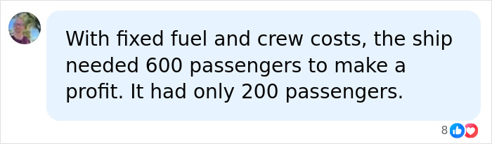 Online comment discussing permanent cruise costs and passenger numbers needed to profit Online comment discussing permanent cruise costs and passenger numbers needed to profit