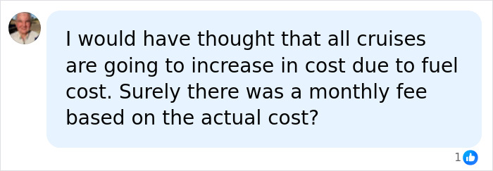 A social media comment discussing fuel costs and monthly fees on a Permanent Cruise. A social media comment discussing fuel costs and monthly fees on a Permanent Cruise.