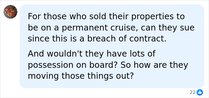 Social media comment questioning legal options for permanent cruise passengers.