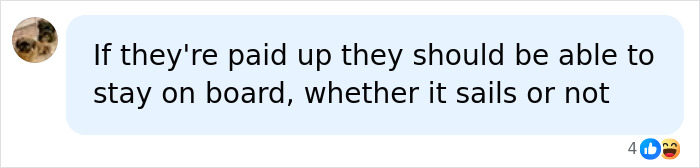 A social media comment discussing permanent cruise passengers staying on board after paying.