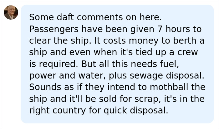 Comment discussing logistical costs and ship disposal for permanent cruise vessels.