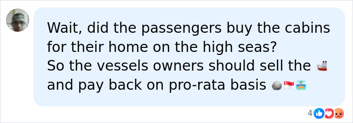 Online comment asking about refunds for permanent cruise passengers who bought homes.