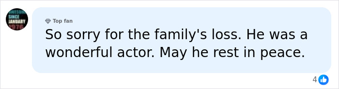 A fan comment expressing condolences and calling Patrick Stewart a wonderful actor after his passing.