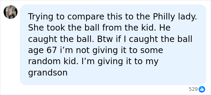Social media comment comparing the Dodgers fan incident to the Philly lady taking a baseball from a kid.