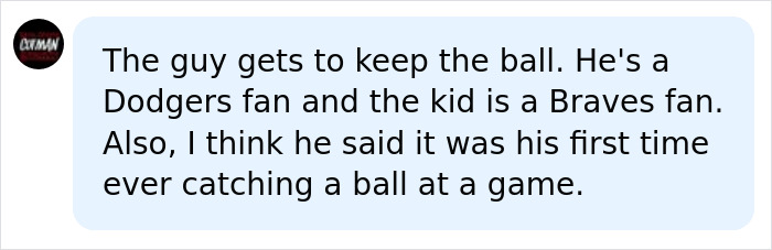 A comment supporting a Dodgers fan for keeping the baseball he caught.