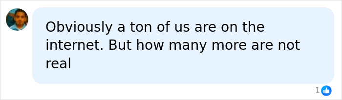 Social media comment questioning how many online accounts are not real, raising concerns over AI-generated people. Social media comment questioning how many online accounts are not real, raising concerns over AI-generated people.