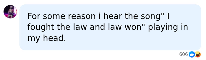 A user comment quoting a song about fighting the law, related to a police officer incident.